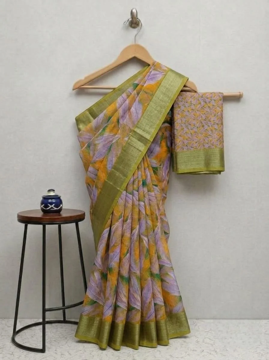 Mustard Yellow with Olive Green Border Feather Leaf Print Linen Cotton Saree